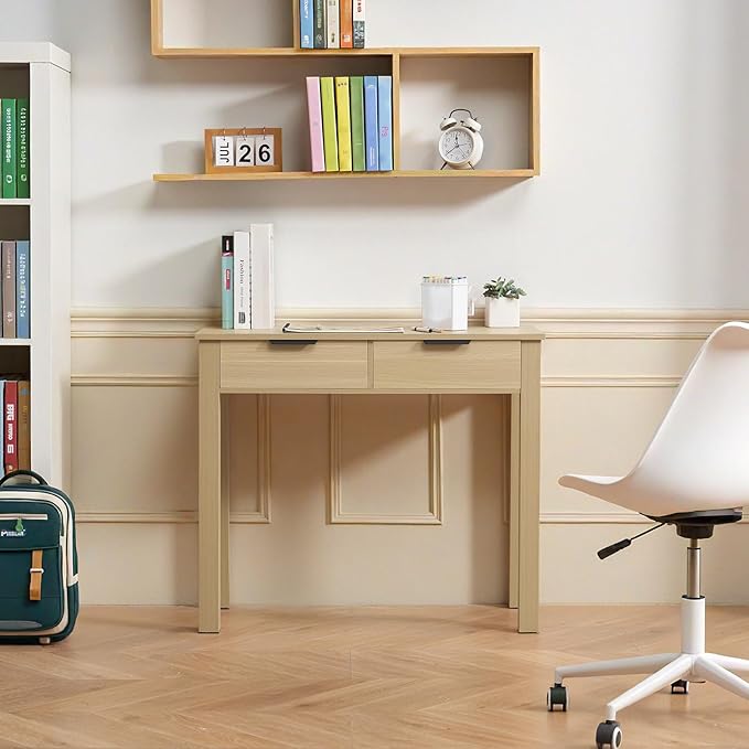 VEVOR Small Desk with Drawers, Wooden Table for Home Office, Small Computer Desk with Storage, Vanity Desk with Drawers, Study Table for Adults/Students for Drawing, Reading, Writing, Light Wood