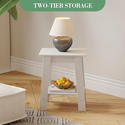 End Table with Double Storage Shelves, Small Space Side Table for Farmhouse Bedroom, Studio Apartment, Entryway， White