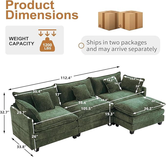 Furniliving 112‘’ L-Shaped Sofa, Luxury Chenille Modular Sectional Couches with Ottoman, Upholstered Deep Seat Sleeper Sofa with Memory Foam and Waist Pillows, Green