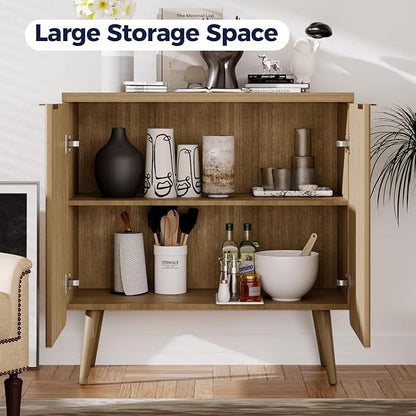 Buffet Cabinet with Storage, Wood Fluted Multifunctional Storage Cabinet with 2 Doors, Sideboard Buffet Credenzas for Living Room, Entryway, Hallway, Natual Oak