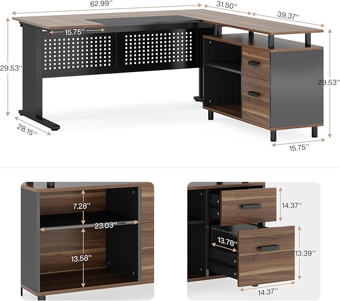 LITTLE TREE Large Computer Desk with File Cabinet, 63 Inch L Shaped Executive Office Desk with Drawers and Storage Shelves, Business Furniture Workstation for Home Office