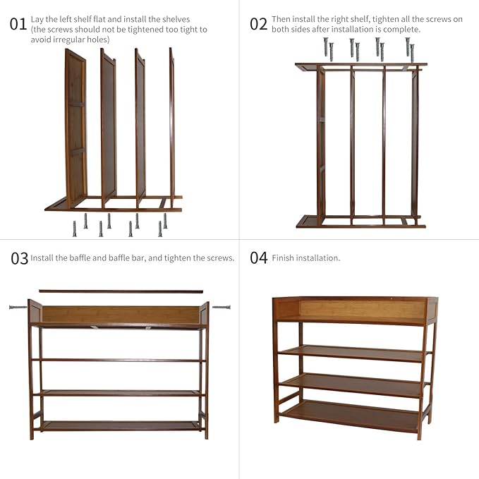 4 Tier Shoe Rack Organizer, 4 Tire Bamboo Stackable Shoe Shelf Storage Organizer, for Entryway, Hallway, and Closet (Brown)