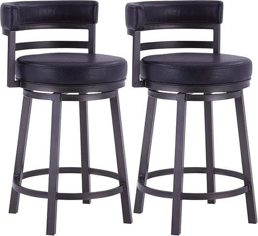 Armen Living Madrid 30" Seat Height Swivel Ford Black Faux Leather and Mineral Finish Bar Stool for Kitchen Island Counter, Set of 2