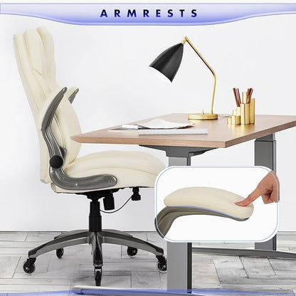 Executive Office Chair-Ergonomic Computer Desk Chair with Upgraded Caster for Swivel, High Back Office Chair with Padded Flip-up Arms, Stylish Leather Chair Thicken Seat for Comfort (Ivory, 300lbs)