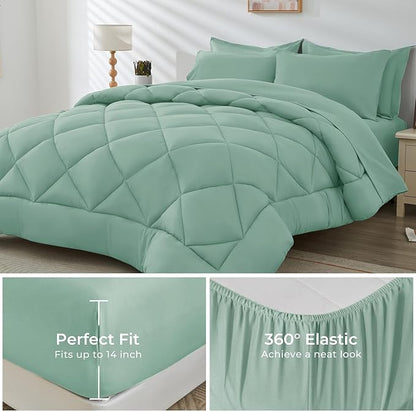 HEVUMYI Sage Green Twin-XL Comforter Set - 5-Piece All Season Bed in a Bag Twin-XL, Ultra Soft Bedding Set with Comforter, Flat Sheet, Fitted Sheet, Pillowcases, Pillow Shams, Sage Green