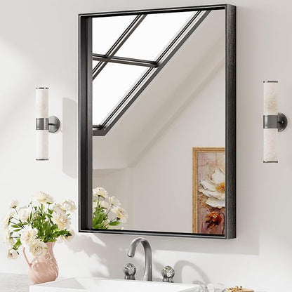 Keonjinn Black Mirror for Wall 24 x 32 Inch Rectangle Bathroom Vanity Mirror for Over Sink Metal Framed Farmhouse Mirror Square Corner Brushed Rectangular Mirror for Bathroom Sink(Horizontal/Vertical)