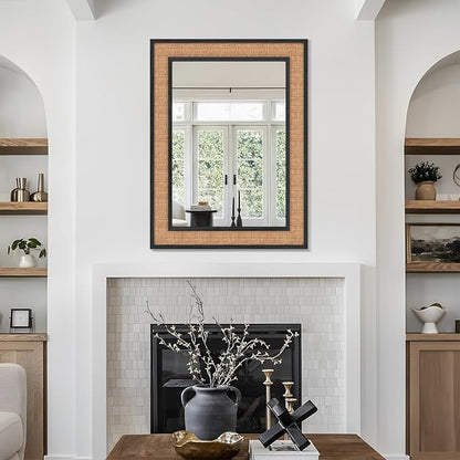 Rattan Wall Mirror with Wooden Framed 24 X 32 inch Farmhouse Rectangle Wood Mirror for Modern Decorative Bathroom, Living Room, Entryway, Bedroom (Black)