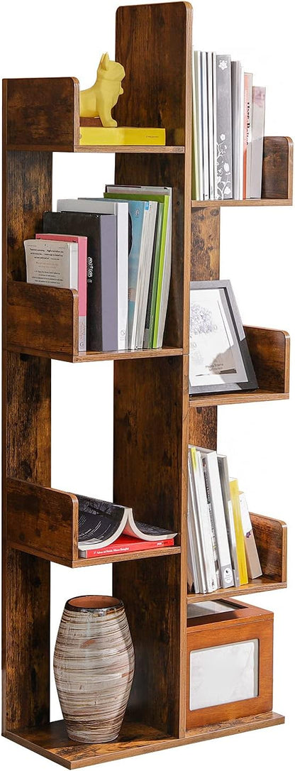 VASAGLE Bookcase, Tree-Shaped Bookshelf with 8 Storage Shelves, Rounded Corners, 19.7 x 9.8 x 55.1 Inches, Rustic Brown ULBC66BXV1