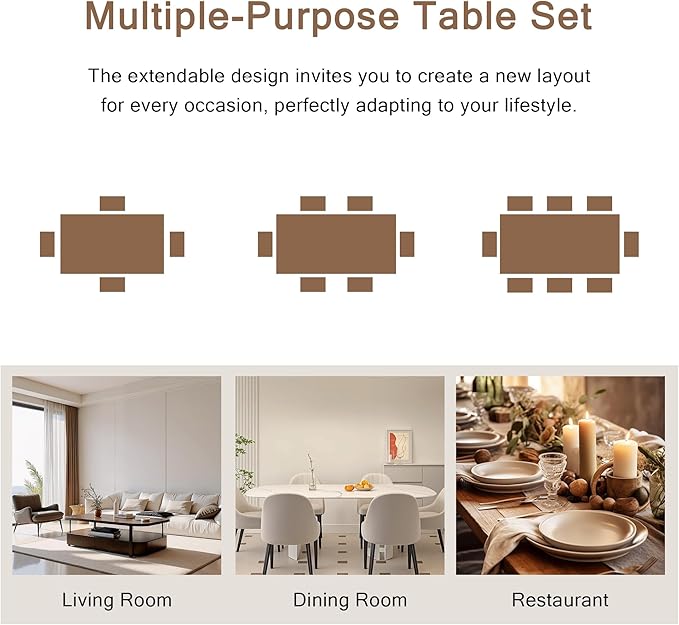 7-Piece Dining Table Set, 63" Extendable Kitchen Room Table with 6 Stools, Mid Century Modern Dinner Table with Metal Frame & MDF Board, Space-Saving, Easy Assembly, Walnut