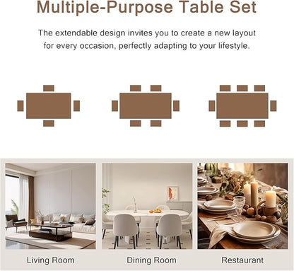 7-Piece Dining Table Set, 63" Extendable Kitchen Room Table with 6 Stools, Mid Century Modern Dinner Table with Metal Frame & MDF Board, Space-Saving, Easy Assembly, Walnut