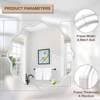 PROHOMEWARE White Round Mirror 28 Inch Wavy Bathroom Vanity Mirror White Frame Modern Wall Mirror Decorative Wall-Mounte Anti-Rust, Tempered Glass