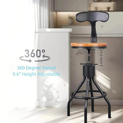 Set of 2 Industrial Bar Stools with Backrest 23-33inch Swivel Wooden Seat Kitchen Island Dining Chair Counter Stool Height Adjustable