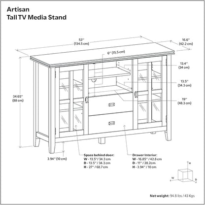 SIMPLIHOME Artisan SOLID WOOD 53 Inch Wide Transitional TV Media Stand in Natural Aged Brown for TVs up to 60 Inches, For the Living Room and Entertainment Center
