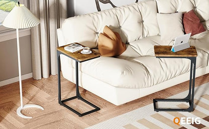 QEEIG Narrow C Shaped Side Table Set of 2 Living Room Sets Slim Couch Tray Tables Skinny Thin Small Farmhouse 9.5 inch Width, Rustic Brown (017-24BN)