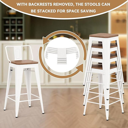30 Inch Swivel Bar Stools Set of 4 with Backs Counter Height Industrial Metal Barstools Island Bar Chairs for Home Kitchen Dining Room (Swivel 30 inch, White Wooden)