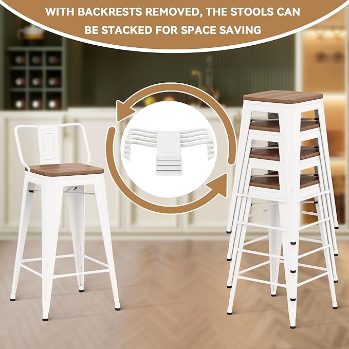 24 Inch Swivel Bar Stools Set of 4 with Backs Counter Height Industrial Metal Barstools Island Bar Chairs for Home Kitchen Dining Room (Swivel 24 inch, White Wooden)