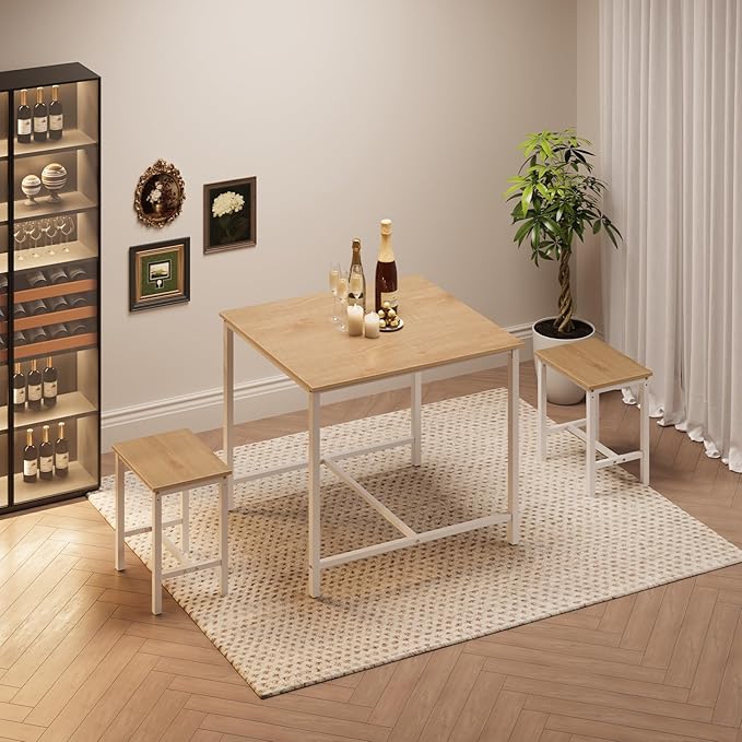 HOOBRO 3-Piece Industrial Dining Table Set, Kitchen Table, Space Saving Dinette for Kitchen, Dining Room, Small Space, Breakfast Nook, Living Room, Party, Natural and White WN75CZ01G1