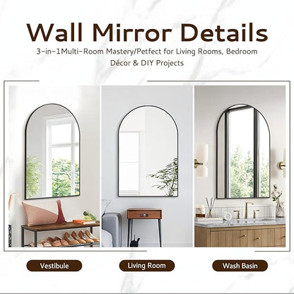 Arched Wall Mirror 24"X36", Black Bathroom Vanity Mirrors for Over Sink, Modern Farmhouse Mirror Wall Mounted, Curved Arch Design for Bedroom, Living Room & Home Decor