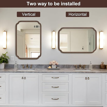 WallBeyond Wood Bathroom Mirror for Wall Mounted with Rounded Corner Wood Frame for Entryway, Living Room or Bedroom Home Decor Vertical or Horizontal Hanging [24" x 36" Walnut Color]