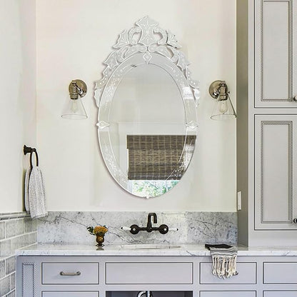 KOHROS Oval Bathroom Mirror 42" x 24" Venetian Mirror with Top Crown Floral Etched Frameless Decorative Wall Mirror for Vanity Bathroom Bedroom Living Room