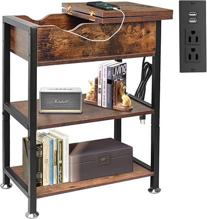 TooCust Flip Top End Table with Hidden Charging Station - 12" D×21" W×26" H Small Side Tables with Storage & Shelves, Compact Side Table for Small Spaces, Slim End Table with Charging Station, Brown