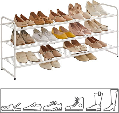 YMYNY Freestanding Shoe Racks, 3 Tiers Stackable & Adjustable Shoe Storage Shelf, Extra Large Capacity Shoe Organizer Stand for 20-24 Pairs, for Entryway, Closet, Bedroom, White, 42.9" L, UHXJ302W