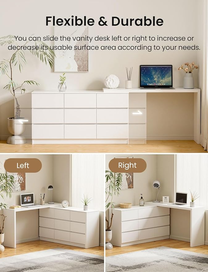 9 Drawer Vanity Dresser Combo with Extendable Table & L-Shaped Desk, White MDF Large Dresser with Deep Storage for Bedroom, Adjustable Desk and Vanity Combo for Small Spaces