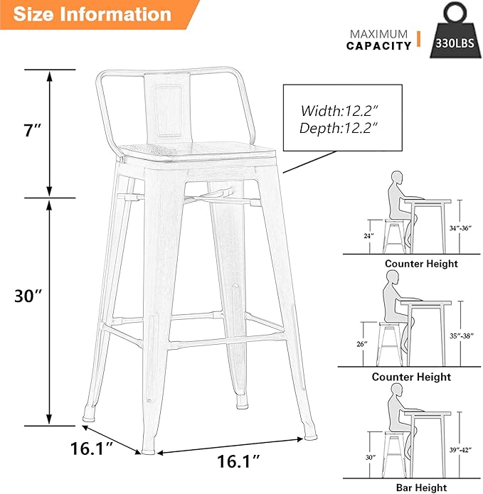 Yongchuang 30 inch Bar Stools Set of 4 Bar Height Metal Barstools with Wood Seat Low Back Kitchen Bar Chairs Gunmetal