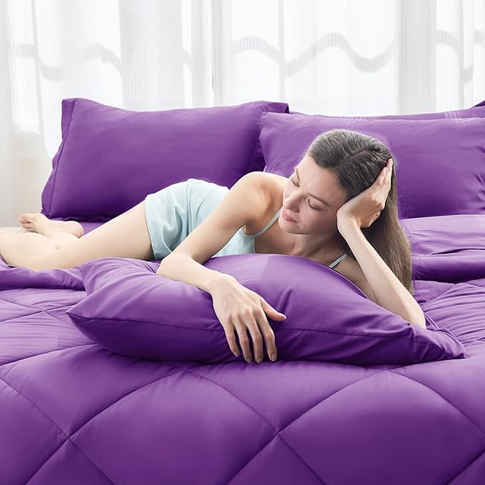 HEVUMYI Purple Queen Comforter Set - 7-Piece All Season Bed in a Bag Queen, Ultra Soft Bedding Set with Comforter, Flat Sheet, Fitted Sheet, Pillowcases, Pillow Shams
