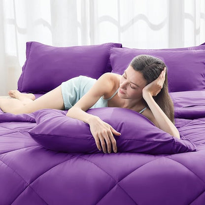 HEVUMYI Purple Queen Comforter Set - 7-Piece All Season Bed in a Bag Queen, Ultra Soft Bedding Set with Comforter, Flat Sheet, Fitted Sheet, Pillowcases, Pillow Shams