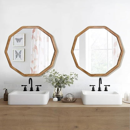 ULIKE Wood Mirror for Wall, 24 Inch Rustic Farmhouse Mirror with Wood Frame, Decorative Wall Mounted Vanity Mirrors for Bathroom Bedroom Living Room Entryway, Brown