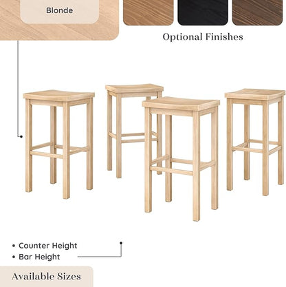 Grain & Grove Smith Collection Set of 4 Solid Wood Bar Stools, 30 inch Saddle-Seat Bar Chairs, Backless, Heavy-Duty Construction, Footrest Support, for Kitchen Islands, Home Bars, and Counters, Blonde