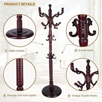 Coat Rack Freestanding with 18 Hooks, Wooden Standing Coat Racks for Entryway, Solid Wood Clothes Hanger Rack with Sturdy Round Base for Entryway, Hall, Bedroom, Office, Hallway