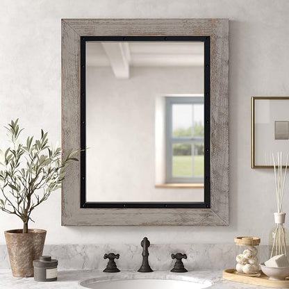 YOSHOOT Rustic Wooden Framed Wall Mirror, 48"x30", Natural Wood and Iron Bathroom Vanity Mirror for Farmhouse Decor, Vertical or Horizontal Hanging