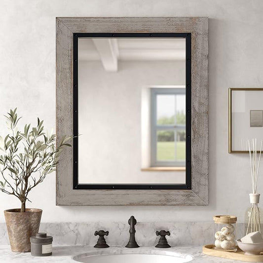 YOSHOOT Rustic Wooden Framed Wall Mirror, 48"x30", Natural Wood and Iron Bathroom Vanity Mirror for Farmhouse Decor, Vertical or Horizontal Hanging
