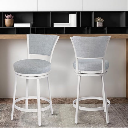 Bar Stools, Counter Height Barstools Set of 2, 25" Linen Fabric Metal Round Swivel Bar Chairs with Back, Modern Upholstered Counter Stools for Kitchen Island, Grey & White