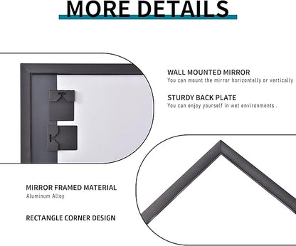 Black Bathroom Mirror for Wall, 30x55 Inch Rectangle Mirrors with Metal Frame, Modern Vanity Wall Mirror Decor for Entryway Hangs, Bathroom Living Room Horizontal or Vertical