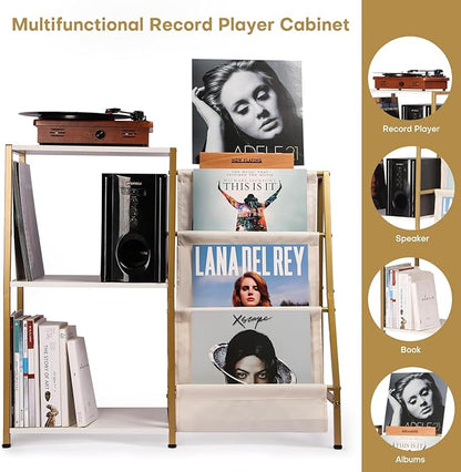 Stand for Record Player, 3 Tier Vinyl Record Storage with Now Playing Holder, Turntable Stand, Vinyl Display with Speaker Storage for Living Room, Gold White