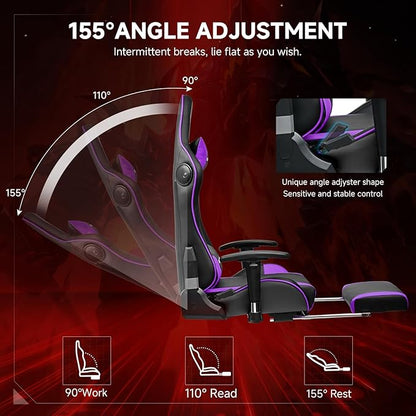 GTPLAYER Gaming Chair with Bluetooth Speakers and Footrest, Ergonomic Gamer Chair with Reclining Backrest, 3D Armrests, Adjustable Seat Height, Computer Desk Chair for Adults (Purple)
