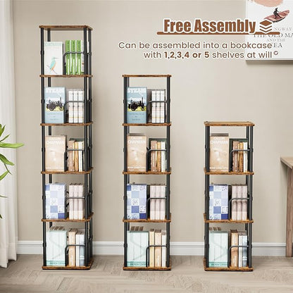 5 Tier Square Rotating Bookshelf, 360 ° Display Stackable Spinning Bookshelf Tower, Space Saving Tall Floor Standing Swivel Bookcase Corner Storage Organizer for Living Room, Rustic Brown, Small Size