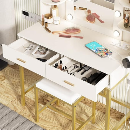 Vabches Vanity Desk with Mirror and Lights, with Charging Station,Makeup Vanity Table Set with Lighted Mirror, with 3 Lighting Modes and 2 Drawers&Cushioned Stool for Bedroom