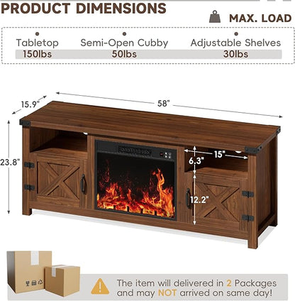 YESHOMY Fireplace TV Stand with Barn Doors and Open Display Shelf, Farmhouse Media Console with Hidden Cable Routing, Entertainment Center for Televisions up to 65+ Inch, Walnut