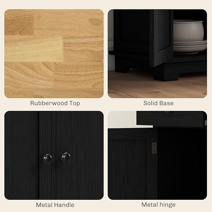 HOMCOM Sideboard with Solid Wood Countertop, Modern Kitchen Storage Cabinet, Coffee Bar Cabinet with 3 Drawers, Doors and Adjustable Shelf, Distressed Black