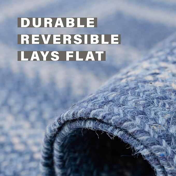 Denim Blue Jute Braided Oval Rugs, 16x24 - Country Style Coastal Decor, Perfect for Laundry Rooms, Bathrooms and Entryways - Durable and Easy to Clean