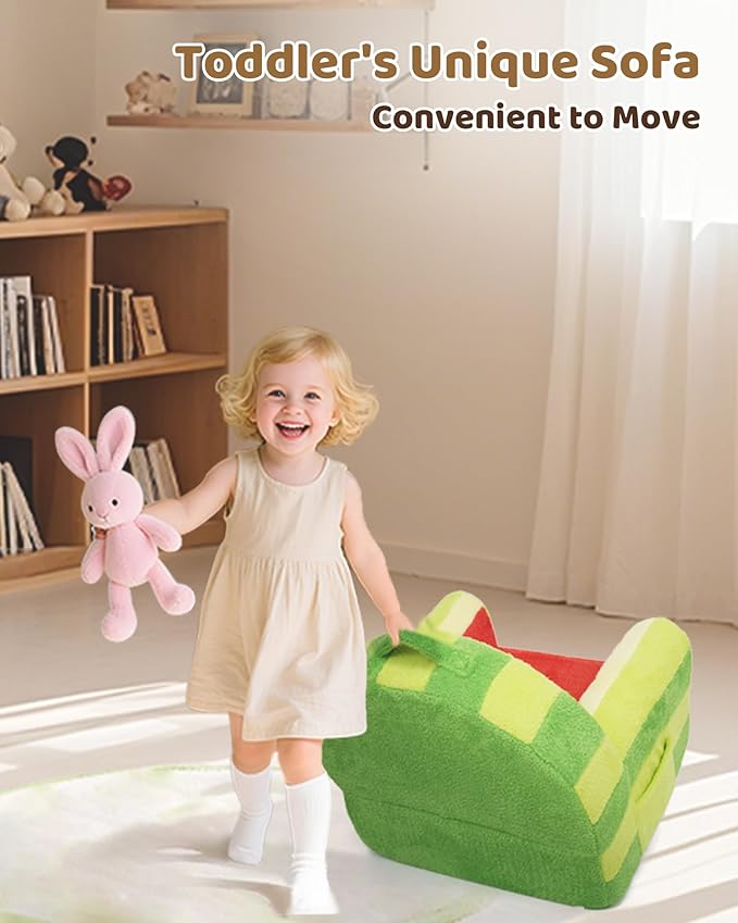 Toddler Chair, Comfy Foam Kids Couch with Soft Velvet Cover, Toddler Couch with Cute Watermelon Design for Gaming and Studying, Kids Sofa for Boys and Girls