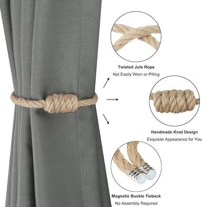 BEL AVENIR Magnetic Jute Curtain Tiebacks, Decorative Drapery Holdbacks Bohemian Style Woven Tie-Backs with Exquisite Knot (Jute, 2 Pack)