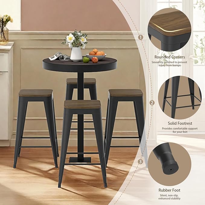 26 inch Backless Bar Stools Set of 4, Indoor Metal Bar Stools with Wood Seat, Industrial Counter Height Barstools for Kitchen Island, Black
