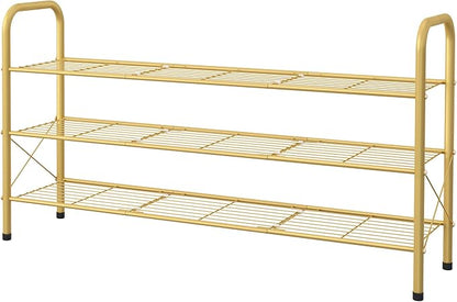 Hoctieon 3 Tier Mesh Style Shoe Rack, Entryway Shoe Shelf, Shoe Storage Organizer, Shoe Rack for Closet, Space Save for Bathroom, Garage, Hallway, Bedroom, Living Room, Gold