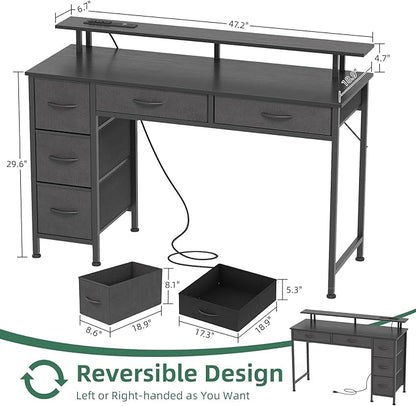 Computer Desk with 5 Drawers, Gaming Desk with LED Lights Power Outlets and Type-C, 47 Inch Office Desk with Storage, Monitor Stand, Writing Desk Work Table for Home Office, Small Spaces, Black