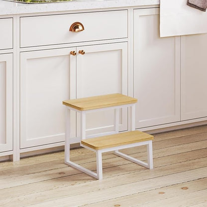 Step Stool for Adults & Kids,Holds up to 500Lbs,Heavy Duty Sturdy Steping Stool for Kichen/Bathroom/High beds, Wooden&Metal Frame, Non-Slip Rubber Pads